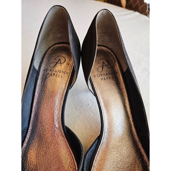 Black Satin Peep Toe Heels With Rosette Detail 3.5" Stiletto Heel Size 8 By Adri - Picture 13 of 15